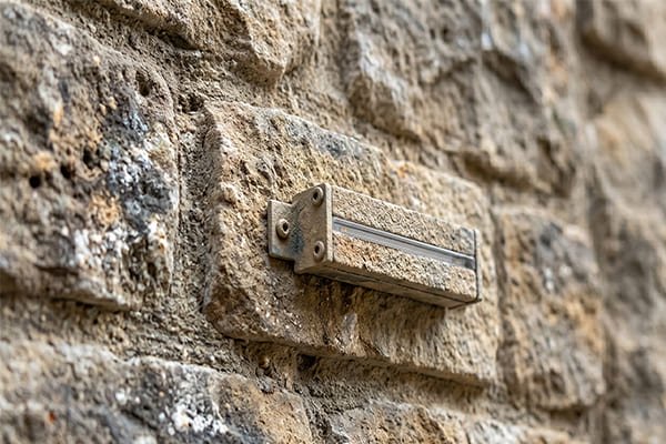 A close-up of a miniaturized light fixture painted to match the stone facade it's mounted on